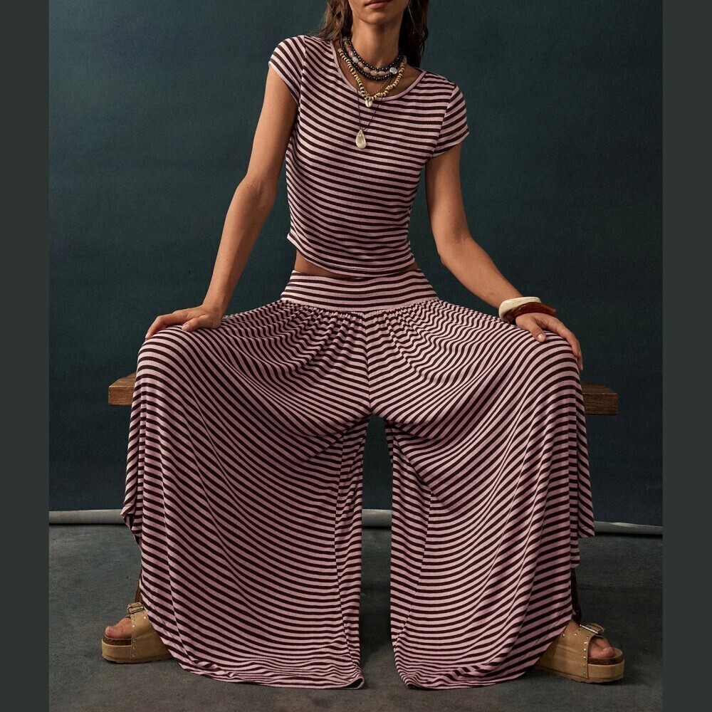Pink and Black Striped Crop Top and Ultra Wide Leg Pants Set